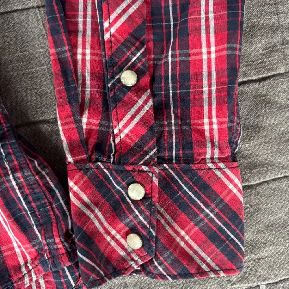 True Religion Men's Pearl Snap‎ Western Shirt Red Plaid Long Sleeve Button Up XL
